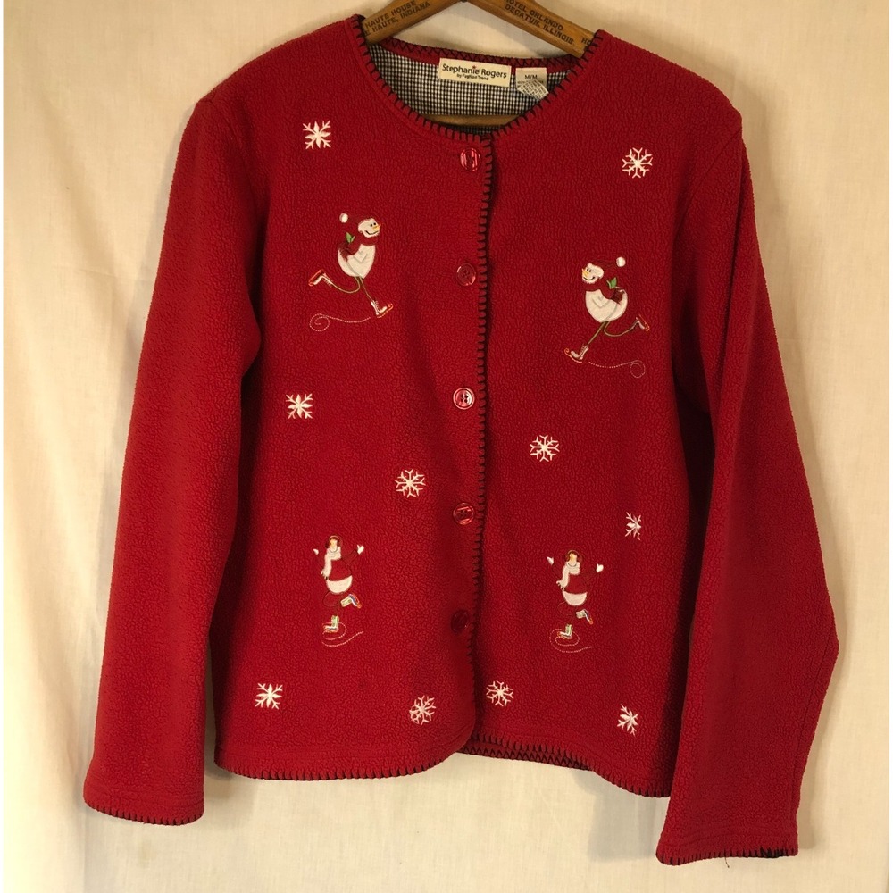 WOMENS VINTAGE STEPHANIE ROGERS CHRISTMAS SNOWMAN EMBROIDERED CARDIGAN SWEATER M